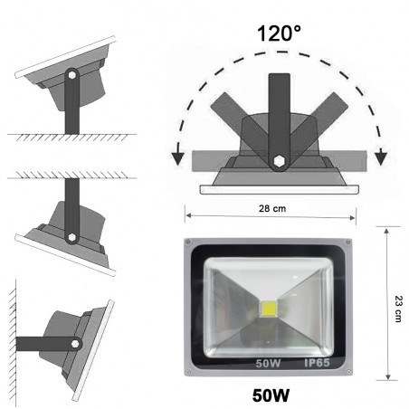 Faro led 50w a luce fredda con staffa a 120° di angolazione e protezione IP65