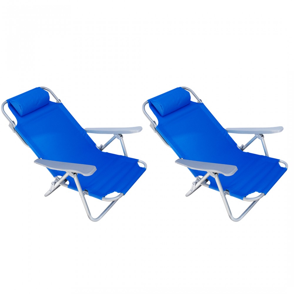Set 2 pz Spiaggina Mare Sdraio Reclinabile Spiaggia Struttura Ferro con Cuscino Blu