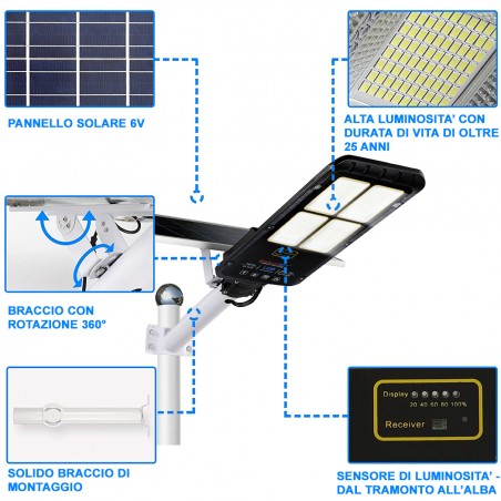 Lampione Stradale LED Pannello Solare 300W Telecomando 293004 Protezione IP65