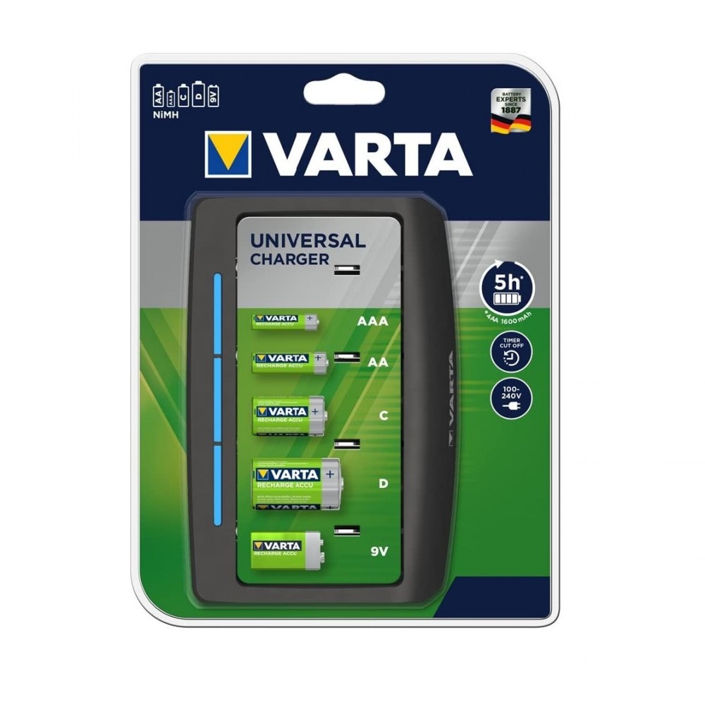 Caricabatterie Varta Universale Indicatore di Ricarica LED Pile AA AAA C D 9V