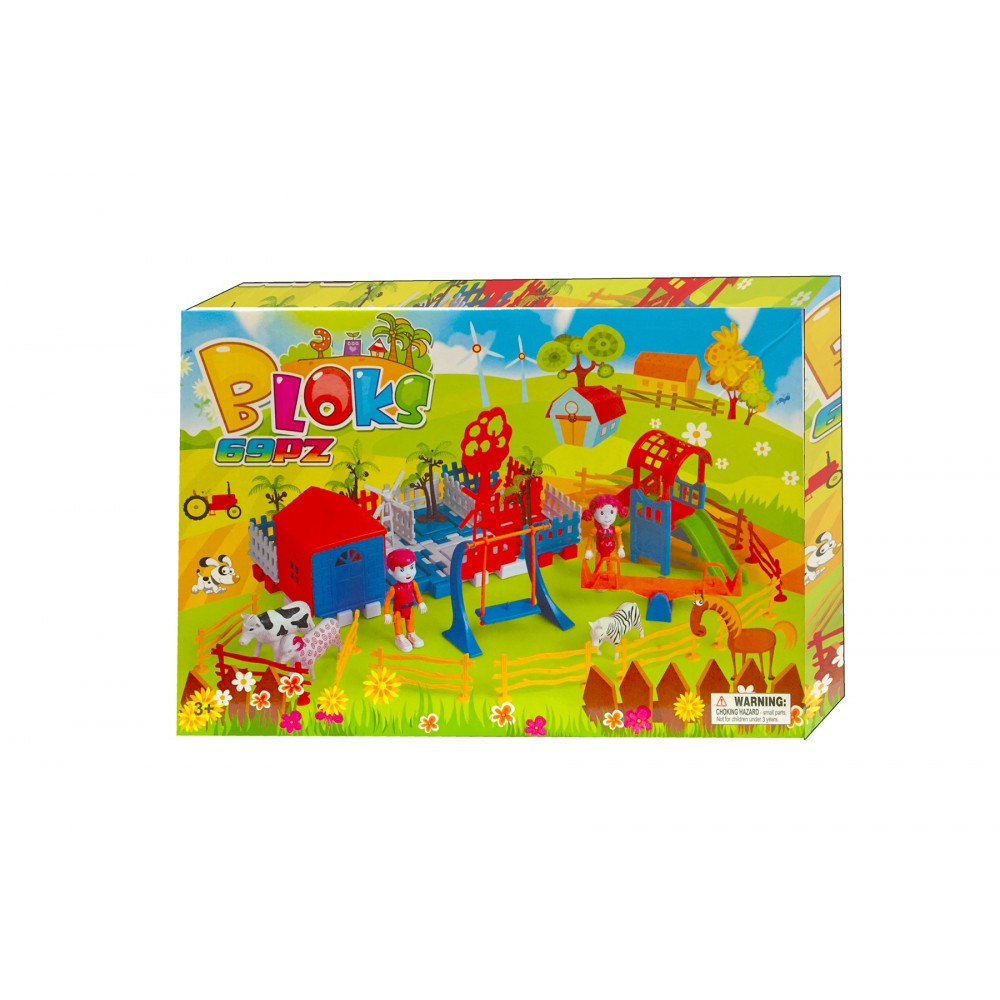 Playset costruzioni fattoria 69 pz da assemblare 2 personaggi animali  mulino e parco giochi 