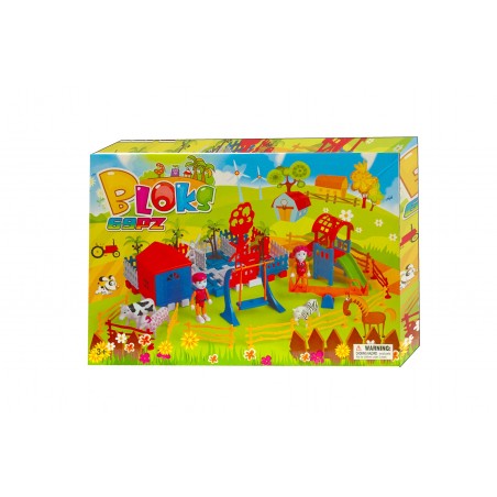 Playset costruzioni fattoria 69 pz da assemblare 2 personaggi animali  mulino e parco giochi 
