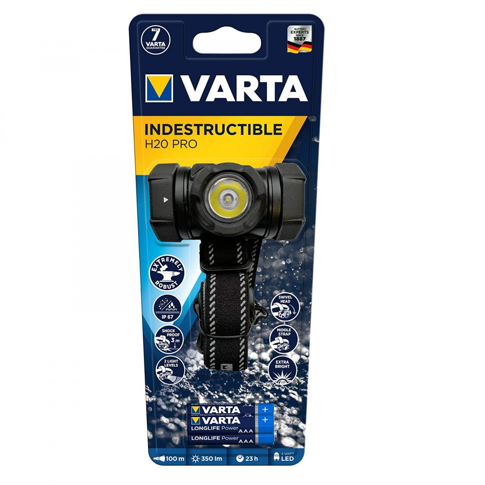 Torcia Frontale VARTA Indestructible H20 Pro Lampada 350 Lumen e 3 Ministilo AAA