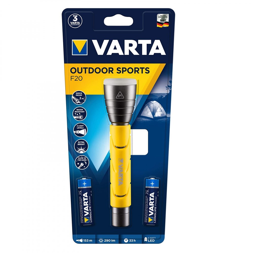 Torcia LED Varta Outdoor Sports Lampada 5W Impugnatura in Gomma 2 Pile Stilo AA