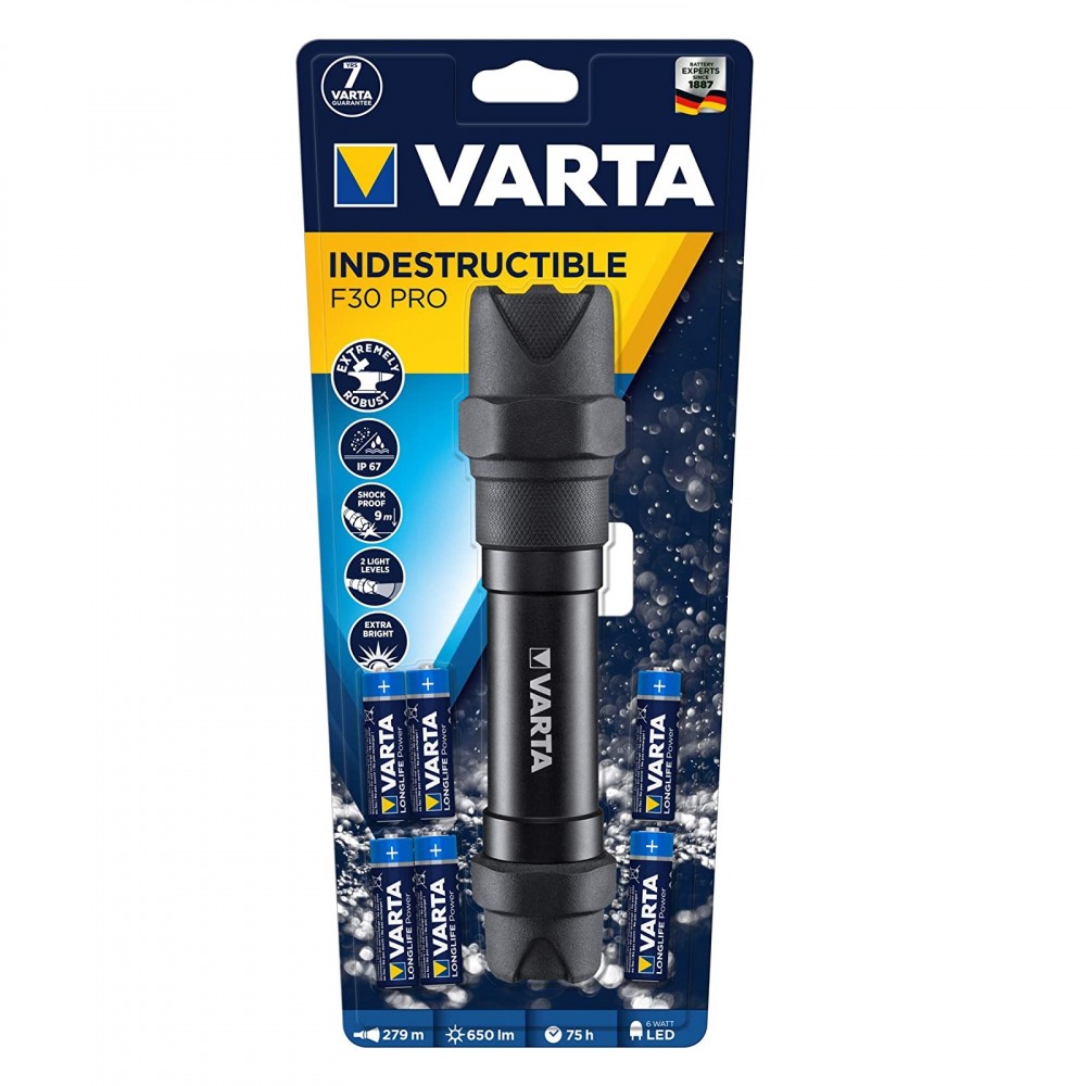 Torcia LED VARTA Indestructible F30 Pro LED Luce Tascabile con 6 Pile Stilo AA