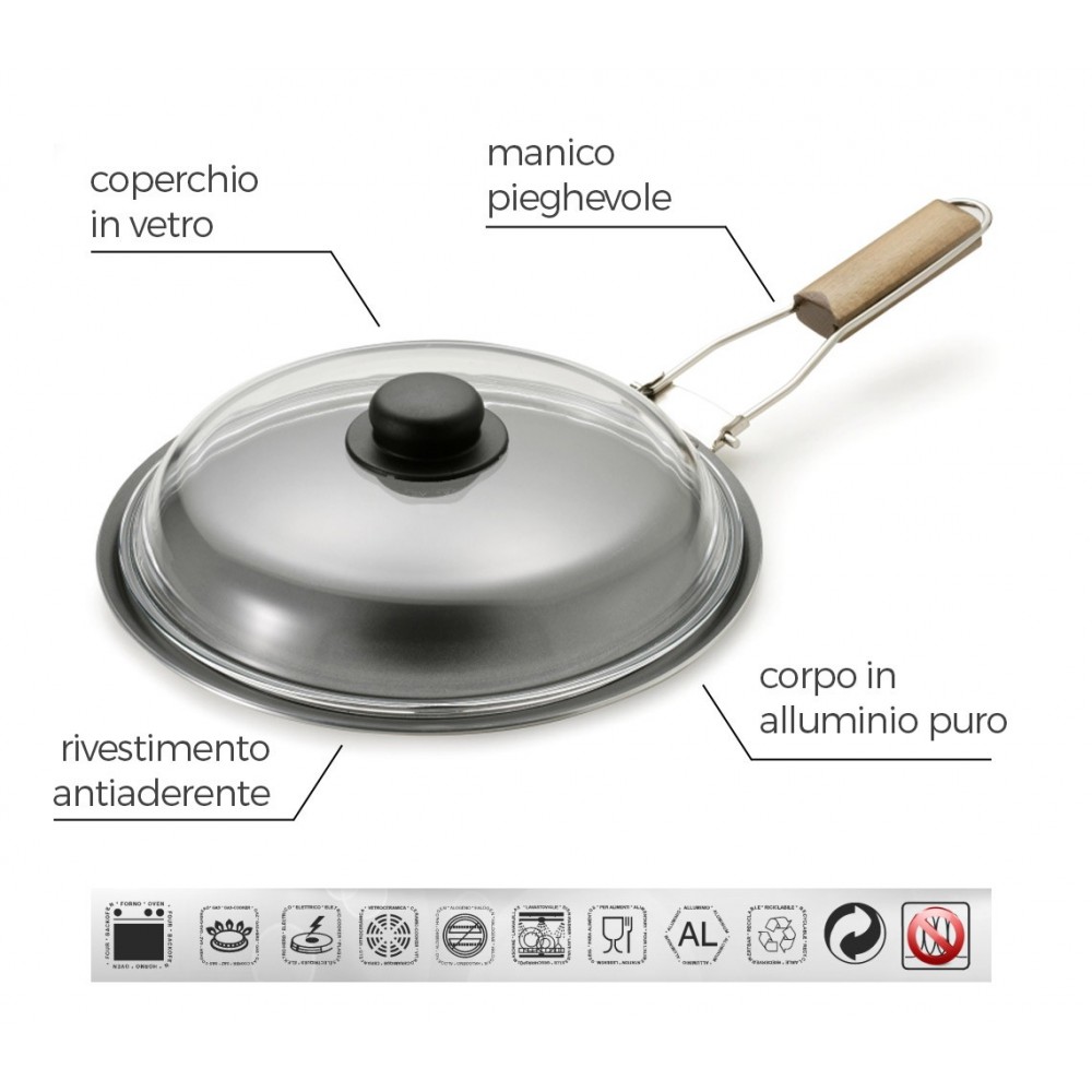 Spadella con coperchio in vetro 30 cm alluminio puro Accademia Mugnano Linea FUOCO & IDEE