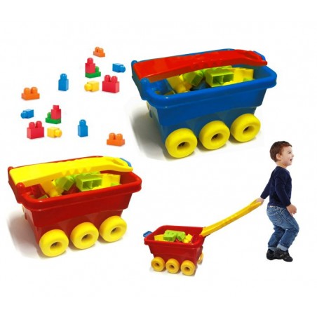 Set 47 pezzi maxi costruzioni colorate contenitore a carrellino con ruote e gancio traino 114282