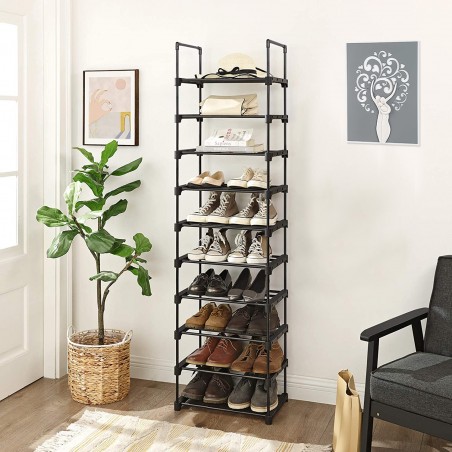 Scaffale 10 Ripiani Modulabile Nero Portascarpe Tubi Metallo Mensole Impilabili