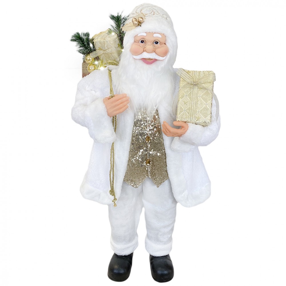 Babbo Natale Bianco e Oro 144230 Abito in Velluto Addobbi 90Hcm con Luci e Suoni