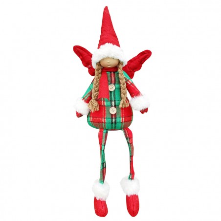 Fatina di Natale seduta con abito scozzese 305187 Decorazione con luce 20X12 cm