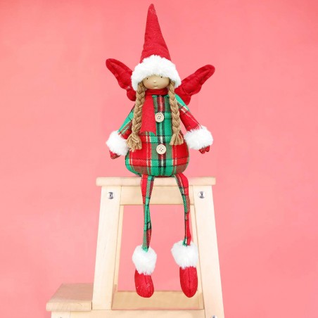 Fatina di Natale seduta con abito scozzese 305187 Decorazione con luce 20X12 cm