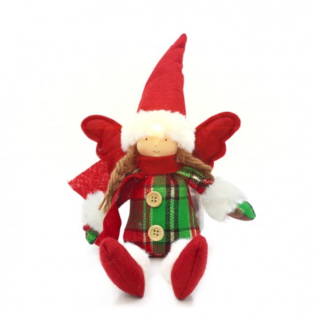Fatina di Natale seduta con abito scozzese 305185 Decorazione con luce 12X8 cm