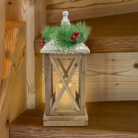 Lanterna con lumino di Natale 859748 decorazione in legno con luce led e glitter