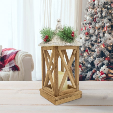 Lanterna con lumino di Natale 859748 decorazione in legno con luce led e glitter
