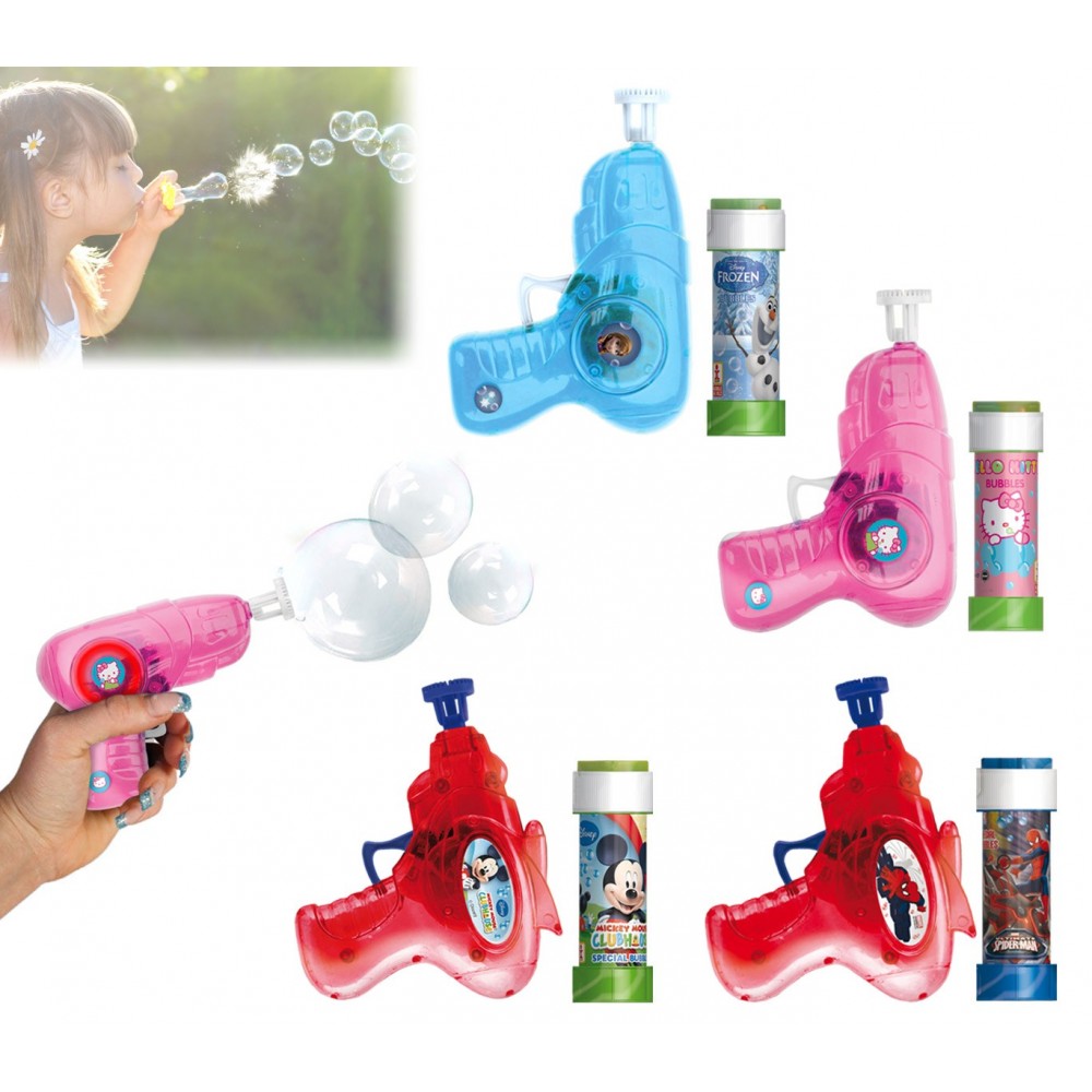 Pistola spara bolle con luce vari personaggi cartoon incluso flacone 60 ml di sapone specifico bolle
