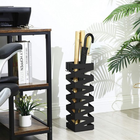 Portaombrelli in Metallo Nero Quadrato Design Stile Moderno con Ganci 49x15.5 cm