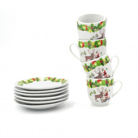 Set di 6 Tazzine da Caffè e Piattini in Ceramica con Babbo Natale e Renna