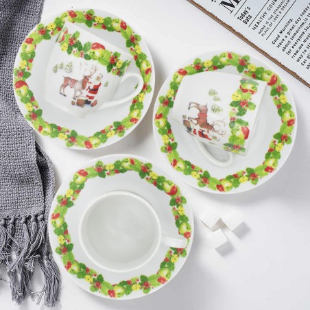 Set di 6 Tazzine da Caffè e Piattini in Ceramica con Babbo Natale e Renna