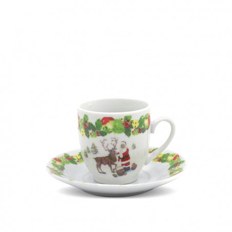 Set di 6 Tazzine da Caffè e Piattini in Ceramica con Babbo Natale e Renna