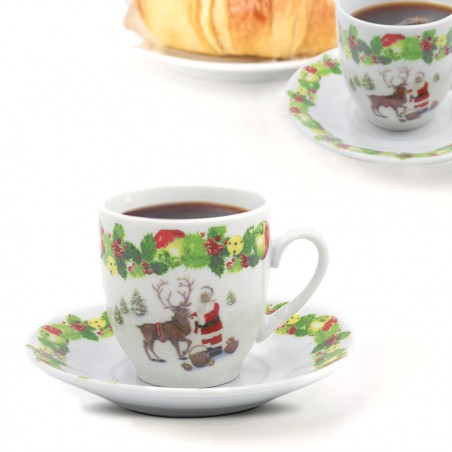Set di 6 Tazzine da Caffè e Piattini in Ceramica con Babbo Natale e Renna