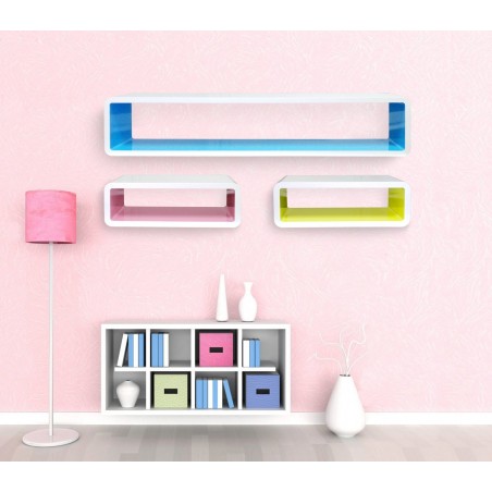 Set 3 mensole componibili di design colorate in 3d rettangolari di misure diverse 