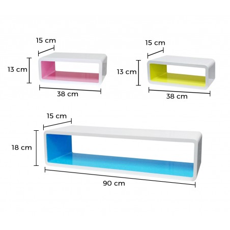 Set 3 mensole componibili di design colorate in 3d rettangolari di misure diverse 