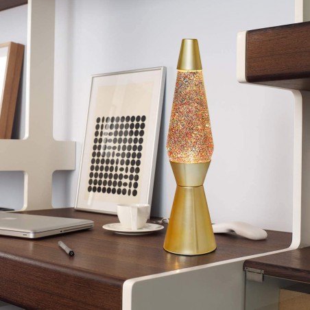 Lampada Lava Lamp 40cm XL1770 Base Oro e Magma con Glitter Dorati Design Moderno