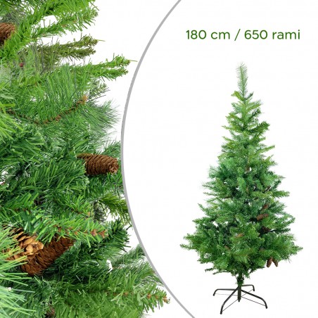Albero di Natale 180H cm 164047 con Pigne e Rami Pieghevoli in PVC Artificiale
