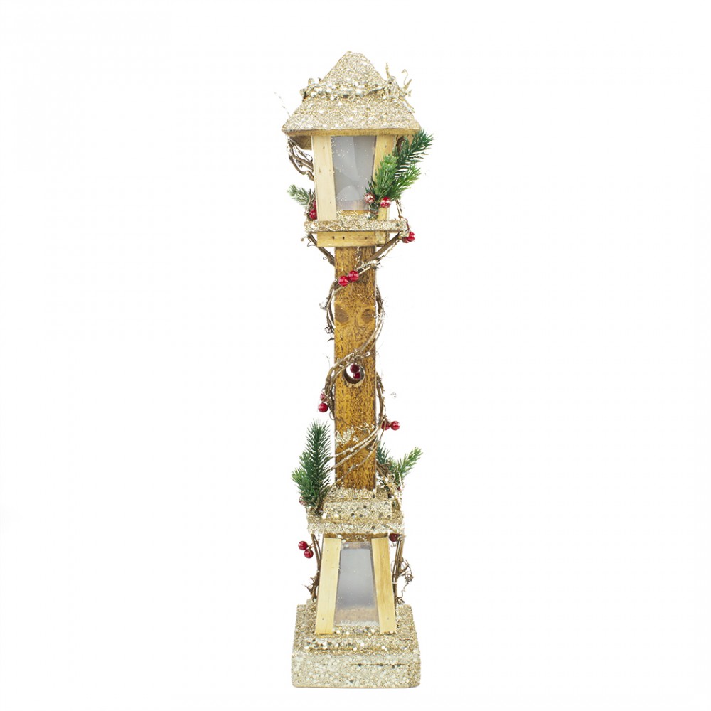 Lampione Di Natale 662430 In Legno Lanterna Glitter Oro 61cm Con Luce Led Calda