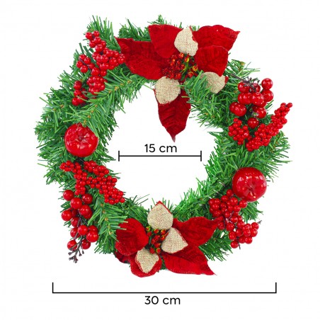 Ghirlanda Dietroporta Natalizia Tonda 35cm Ramo d'Albero con Decorazioni Rosse