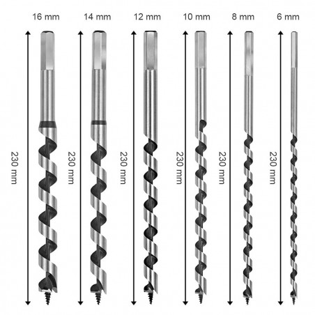 Punte per Legno 6 Pezzi Attacco Esagonale da 6 a 16 mm in Box Lunghezza 23 cm