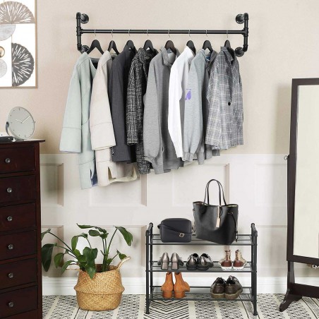 Barra Appendiabiti a Muro Salvaspazio Multiuso in Stile Industriale 110cm Nera
