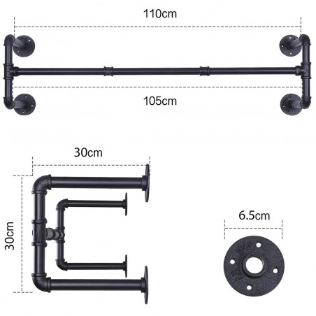 Barra Appendiabiti a Muro Salvaspazio Multiuso in Stile Industriale 110cm Nera
