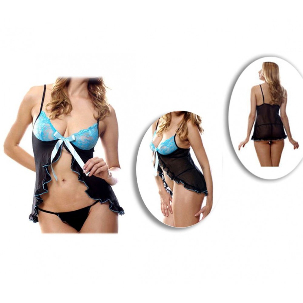 Completino babydoll mod. LUDMILA perizoma incluso nero con coppette verdi in pizzo by MWS AHEAD