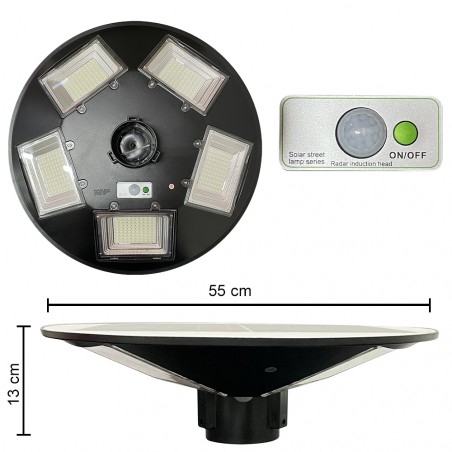 Faro Solare Stradale 053004 300W con Palo Curvo da Parete e Telecomando 55x13cm