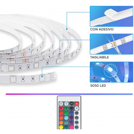 Strip LED 5050 RGB 5mt Luminosità Colore Ritmo Regolabile con APP o Telecomando