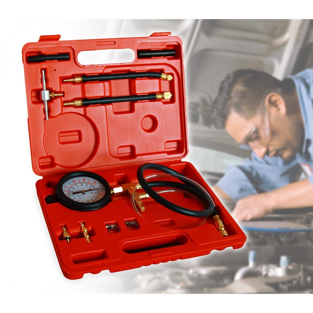 Tester kit con 10 accessori utili al controllo della pressione per impianti di iniezione carburante auto in pratica valigetta