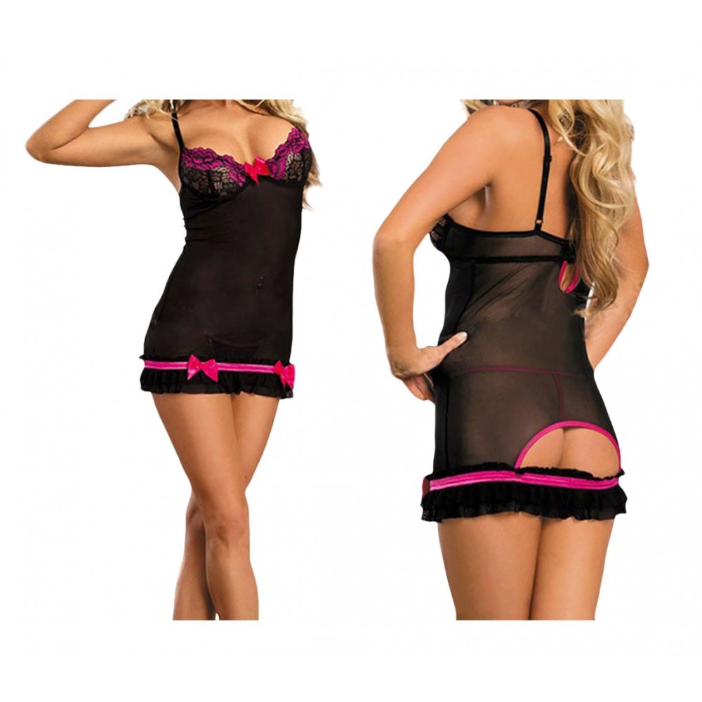 Completino sexy mod Jasmine MWS AHEAD babydoll effetto seta con rifiniture fucsia con tanga