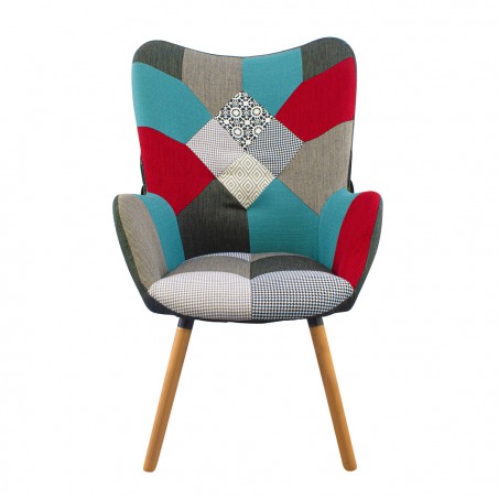 Poltrona Sedia Relax Patchwork Design Moderno con Braccioli e Piedi in Legno