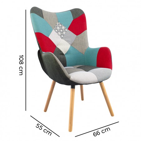 Poltrona Sedia Relax Patchwork Design Moderno con Braccioli e Piedi in Legno