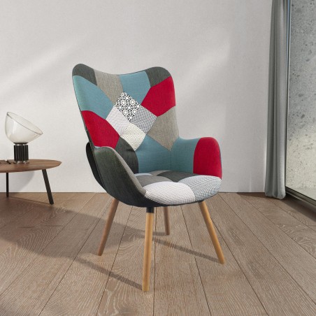 Poltrona Sedia Relax Patchwork Design Moderno con Braccioli e Piedi in Legno