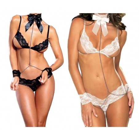 Completino sexy mod.IRIDE coordinato in tre pezzi con collare e manette in pizzo ricamato