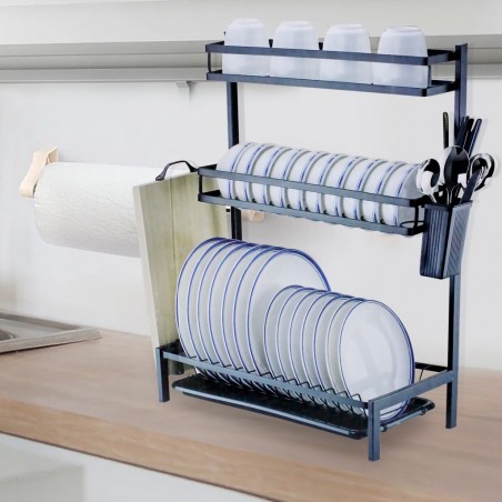 Scolapiatti in Acciaio Nero 3 Piani MJ-6014 con Vassoio Antigoccia Removibile ​