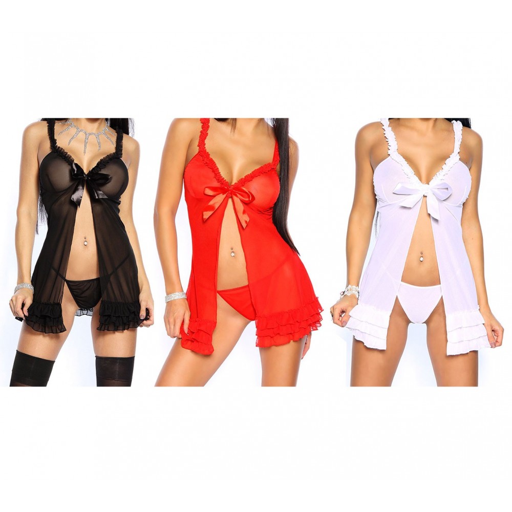 Babydoll trasparente sexy mod ANTEA spalline regolabili con perizoma e volant 