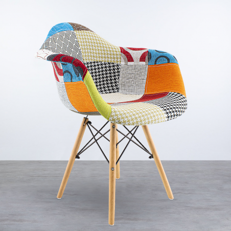 Sedia Poltrona EIFFEL in Tessuto Patchwork con Gambe in Legno Morbida Seduta