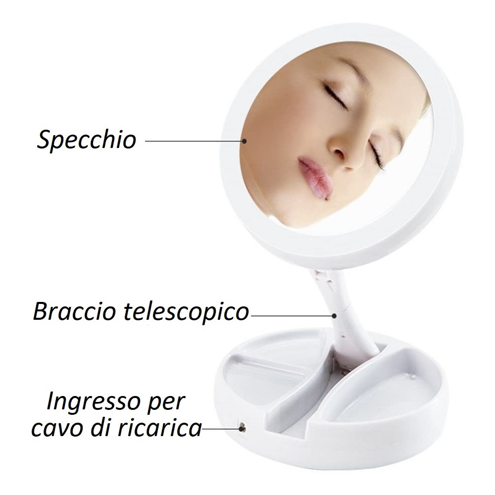 Specchio Cosmetico Led Double Face Zoom 1X e 10X per Trucco 053158 Pieghevole