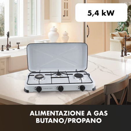 Fornello a Gas Portatile con 3 Fuochi e Coperchio 5.4kW 525886 Campeggio e Casa