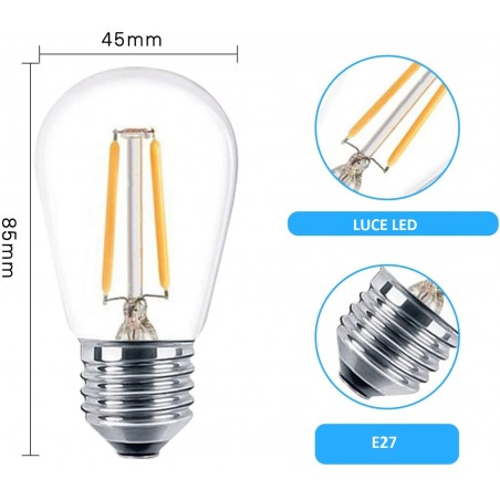 Catena Luminosa Led 10m con 10 Lampadine Luci Calde Atmosfera per Esterni