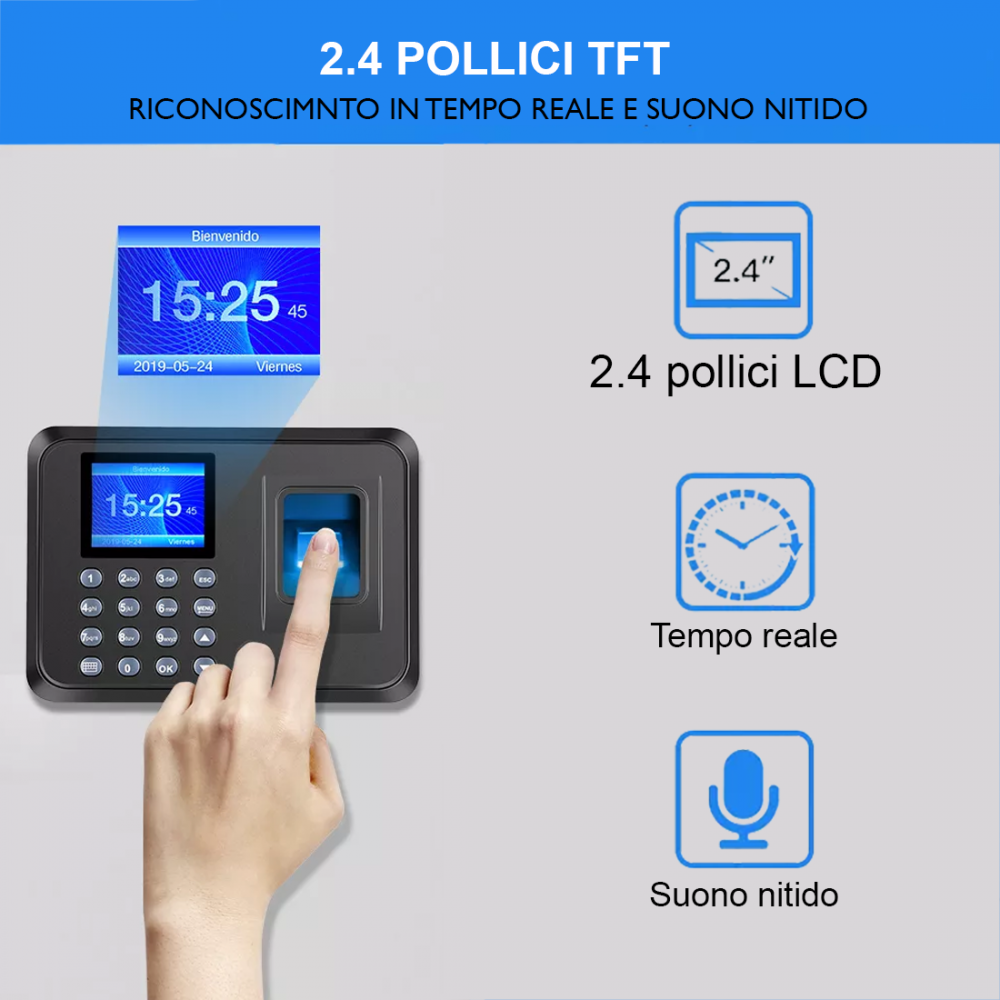 Marcatempo Impronte Digitali Password Badge Biometrico Monitor Presenze 2.4" USB