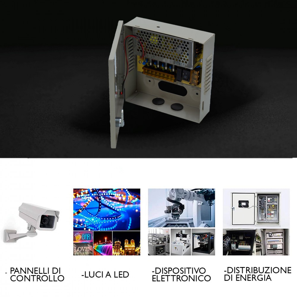Alimentatore Stabilizzato in Cassetta 12V 10A 4CH  Switching Power Box 211406